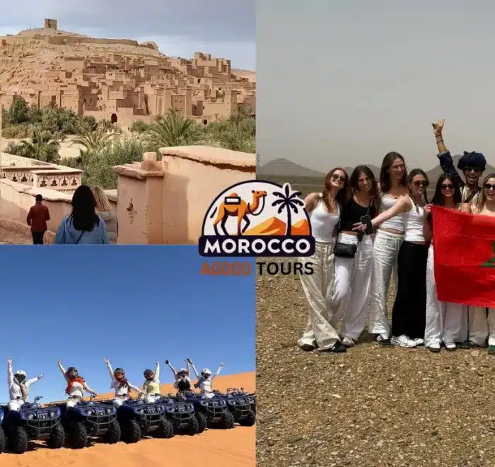 Highlights of a 7 Days in Morocco tour: clients posing with the Moroccan flag in front of the ancient ksar of Aït Benhaddou, followed by thrilling quad biking in the Merzouga Desert.