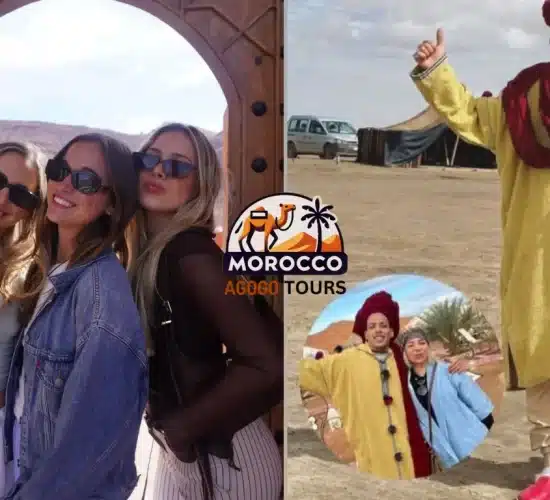 Tour guide Mustapha with happy clients posing in the Merzouga Desert – 7 Days in Tour Morocco