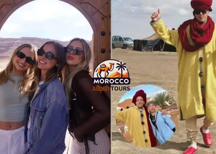 Tour guide Mustapha with happy clients posing in the Merzouga Desert – 7 Days in Tour Morocco