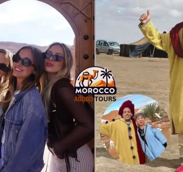 Tour guide Mustapha with happy clients posing in the Merzouga Desert – 7 Days in Tour Morocco