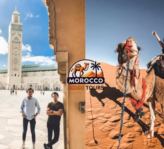 Hassan II Mosque in Casablanca and camel ride at sunset in Merzouga during Morocco tours from Casablanca.
