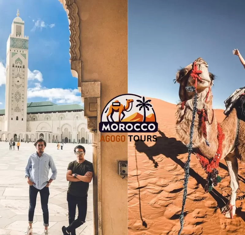 Hassan II Mosque in Casablanca and camel ride at sunset in Merzouga during Morocco tours from Casablanca.