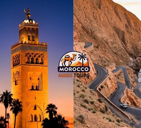 Koutoubia Mosque in Marrakech and winding snake road of Dades Gorges on Morocco Tours from Marrakech