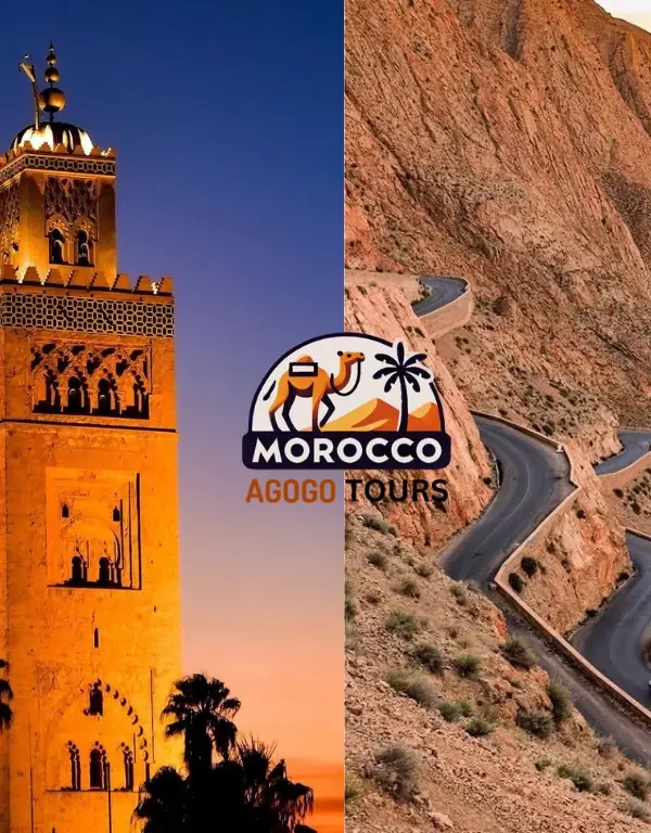 Koutoubia Mosque in Marrakech and winding snake road of Dades Gorges on Morocco Tours from Marrakech