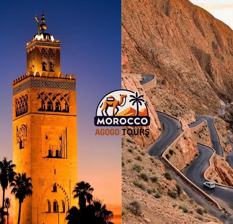 Koutoubia Mosque in Marrakech and winding snake road of Dades Gorges on Morocco Tours from Marrakech